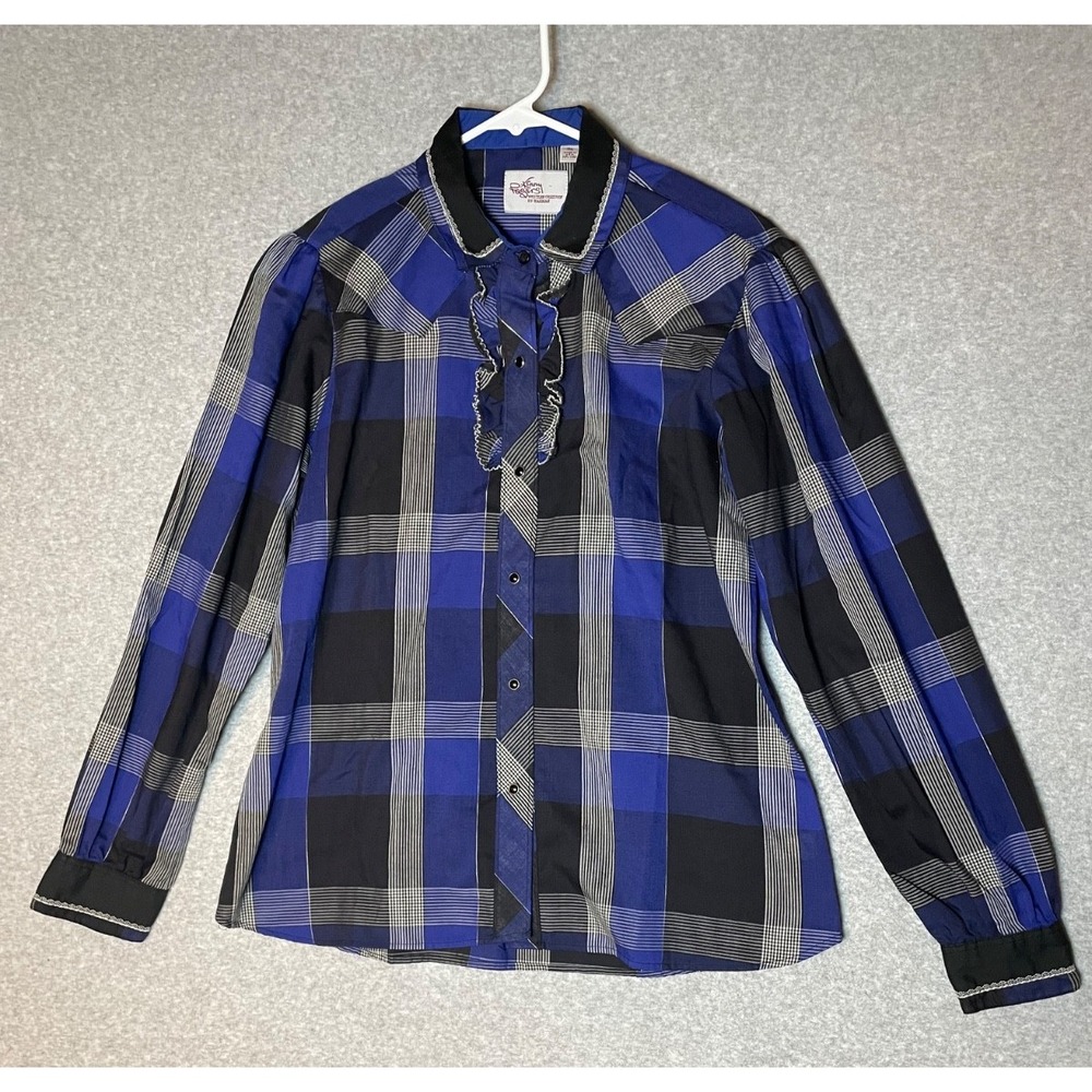 Kenny Rogers Wester Blouse Womens 15/16 Size 38 Pearl‎ Snap Ruffle Blue Plaid